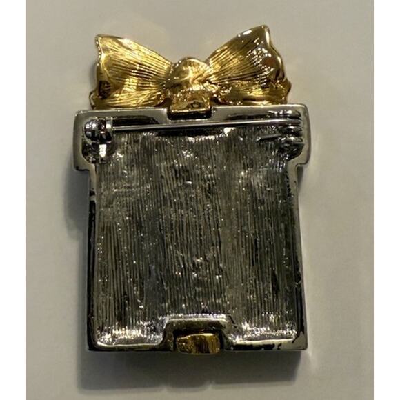 Silver & Gold-Tone Gift Box Brooch w/ Stars & Clear Crystal Bow ~ Holiday Pin - Picture 3 of 4